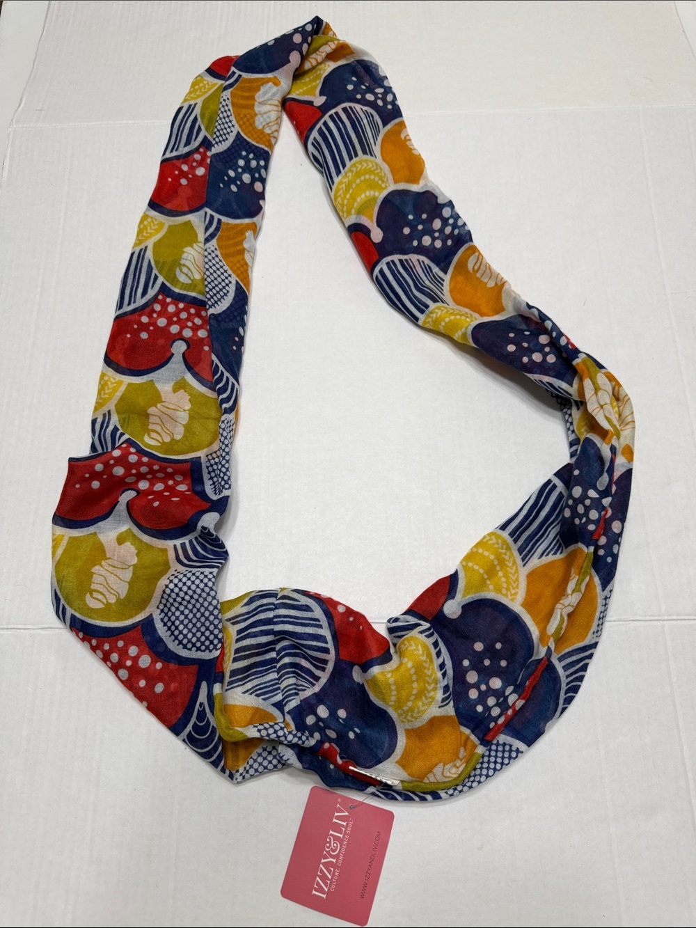 IZZY & LIV Navy, Red, Cream & Mustard Patterned Scarf